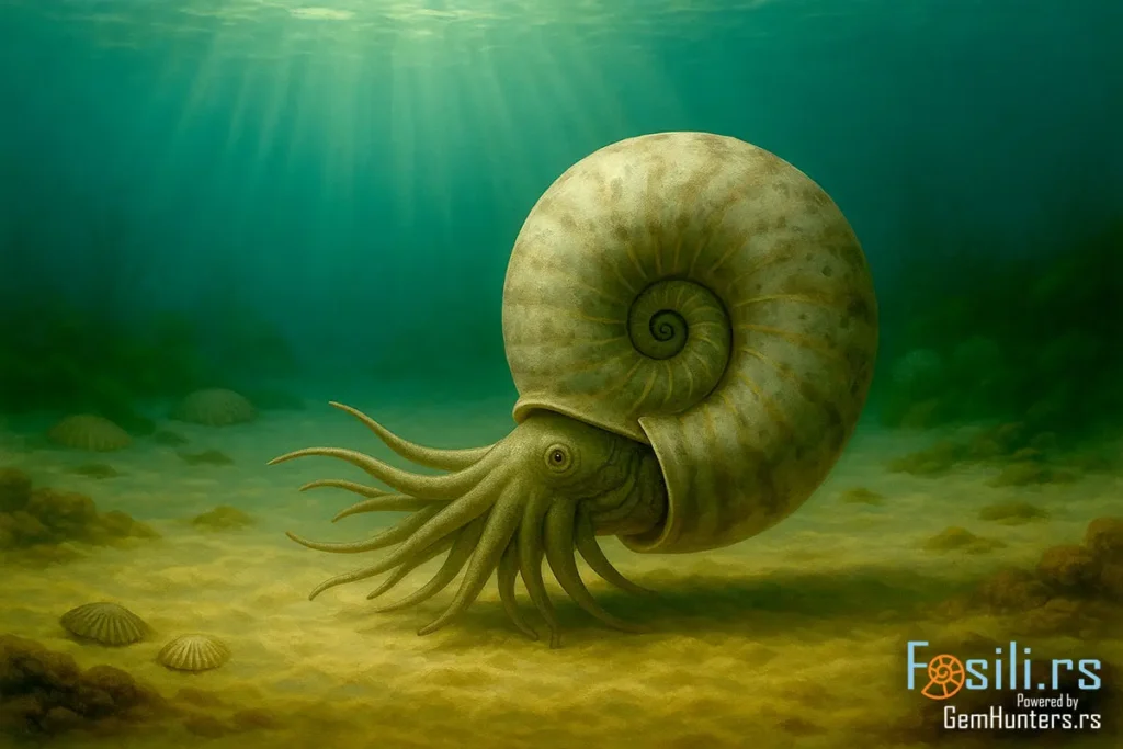 Digitalna ilustracija prikazuje živog amonita u priobalnim vodama iz doba krede, sa spiralnom ljušturom i isturenim pipcima.
