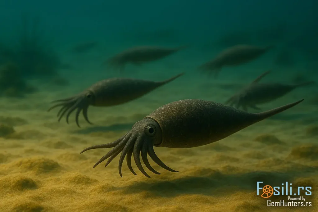 Rekonstrukcija živih belemnita iz perioda jure, sa pipcima i rostrumima, kako plivaju iznad peskovitog morskog dna