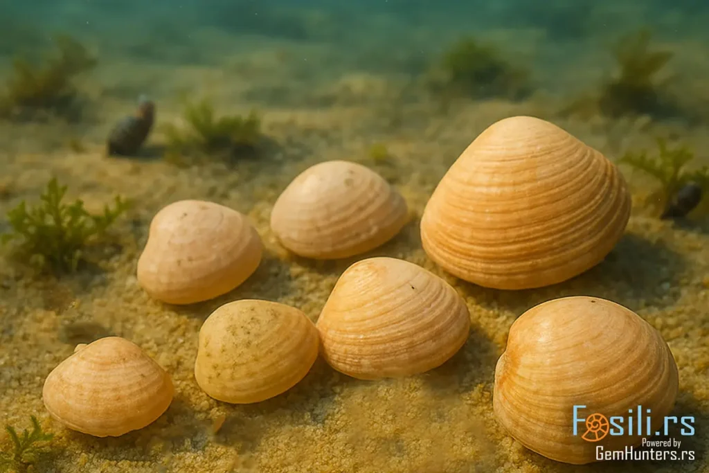 Rekonstrukcija školjki *Glycymeris pilosus* u donjomiocenskom plićaku Paratetisa, sa realističnim sedimentom i algama
