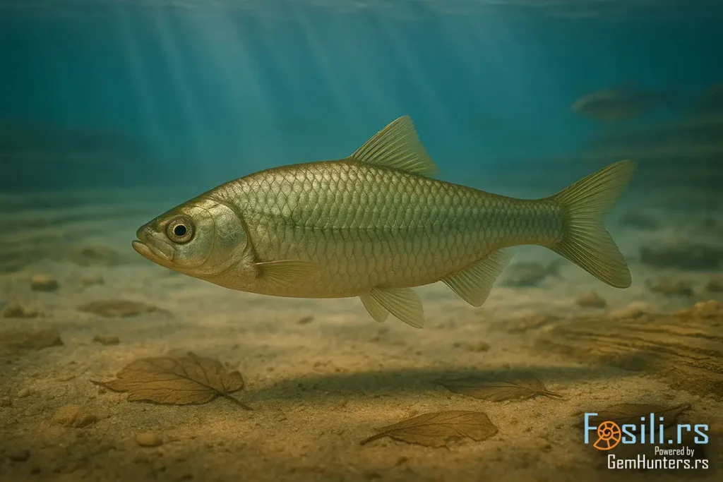 Živa Knightia iz eocenskog jezera Green River, prikazana u realističnom okruženju sa jasno definisanim perajima i kontrastnim bojama