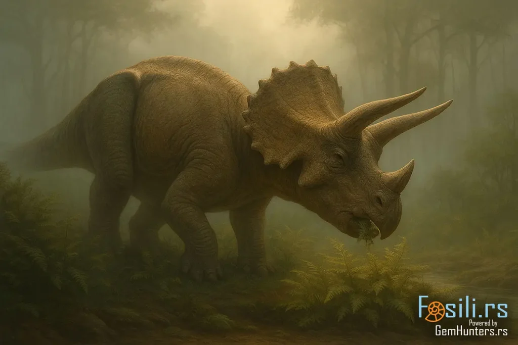 Triceratops u zoru Hell Creek formacije, prikazan u prirodnoj pozi sa tri roga i velikom koštanom kragnom