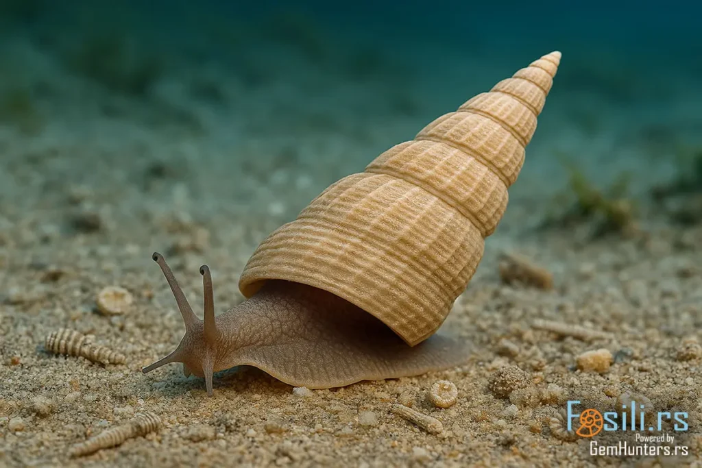 Živi primerak puža Turritella sa tankim tentaklima u krednom plićaku